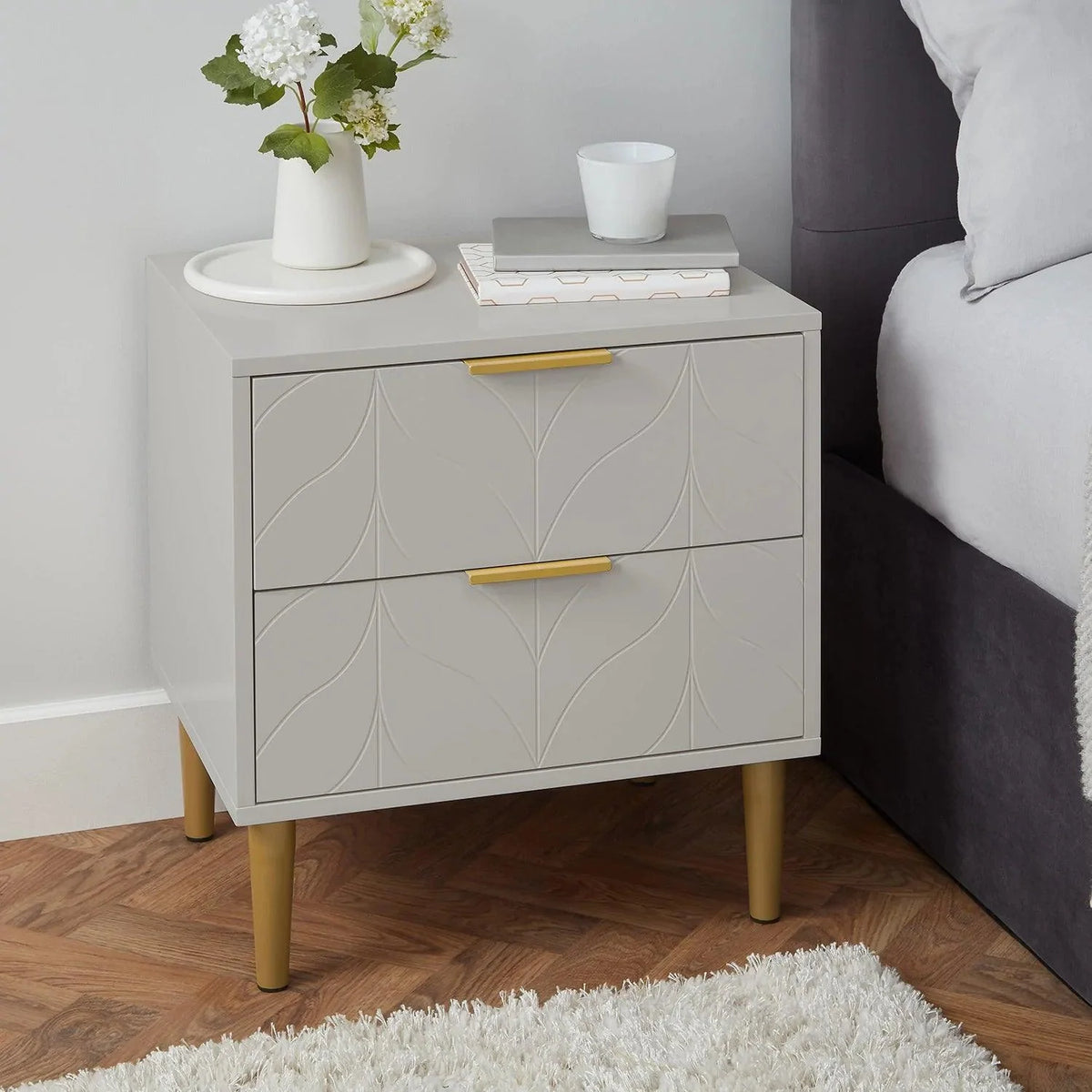 OUTLET - Gloria Bedside Table - Grey & Brass Effect
