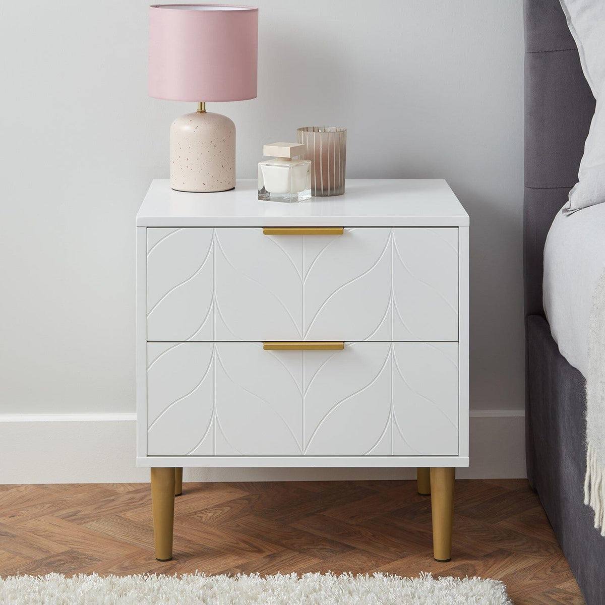 OUTLET - Gloria Bedside Table - White & Brass Effect