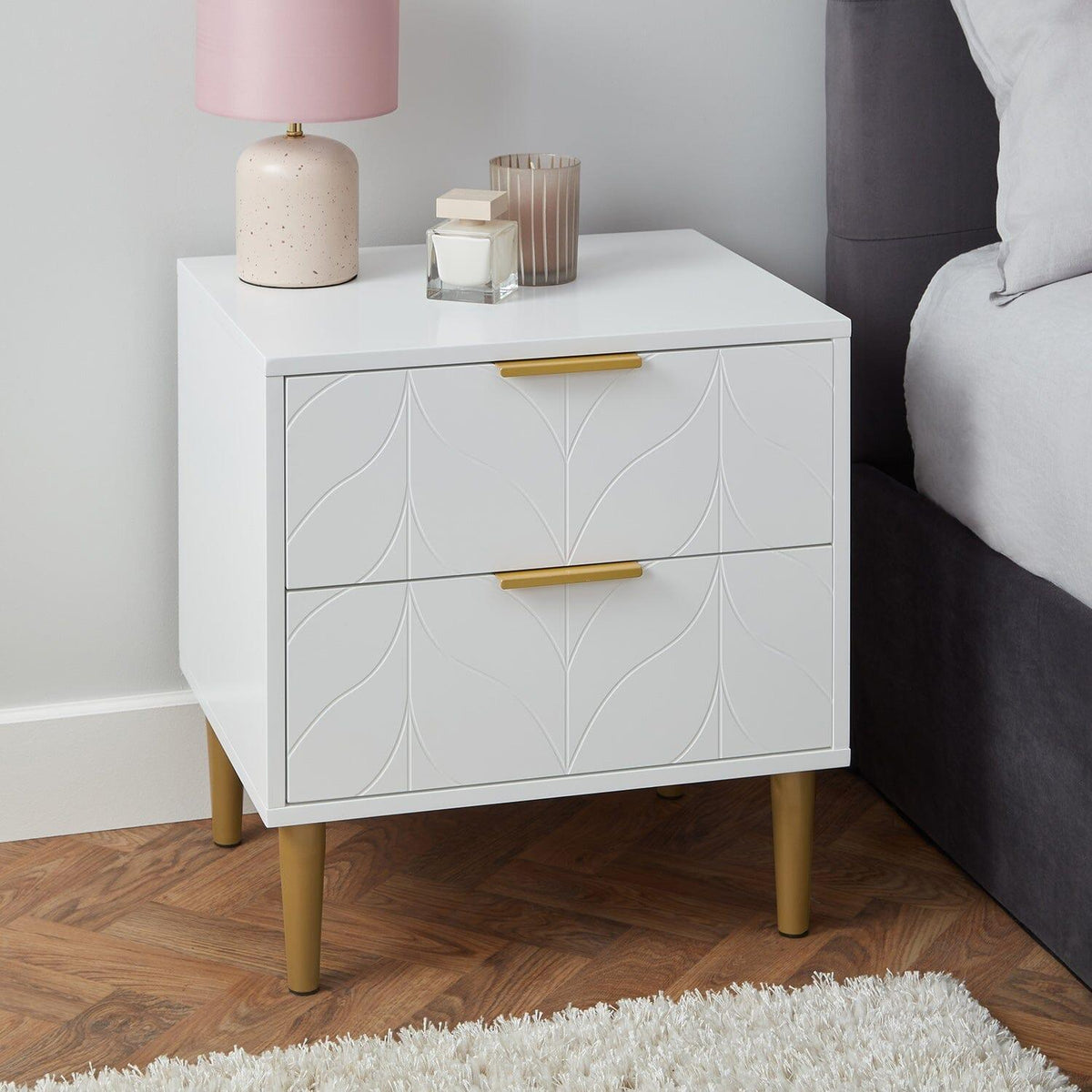 OUTLET - Gloria Bedside Table - White & Brass Effect