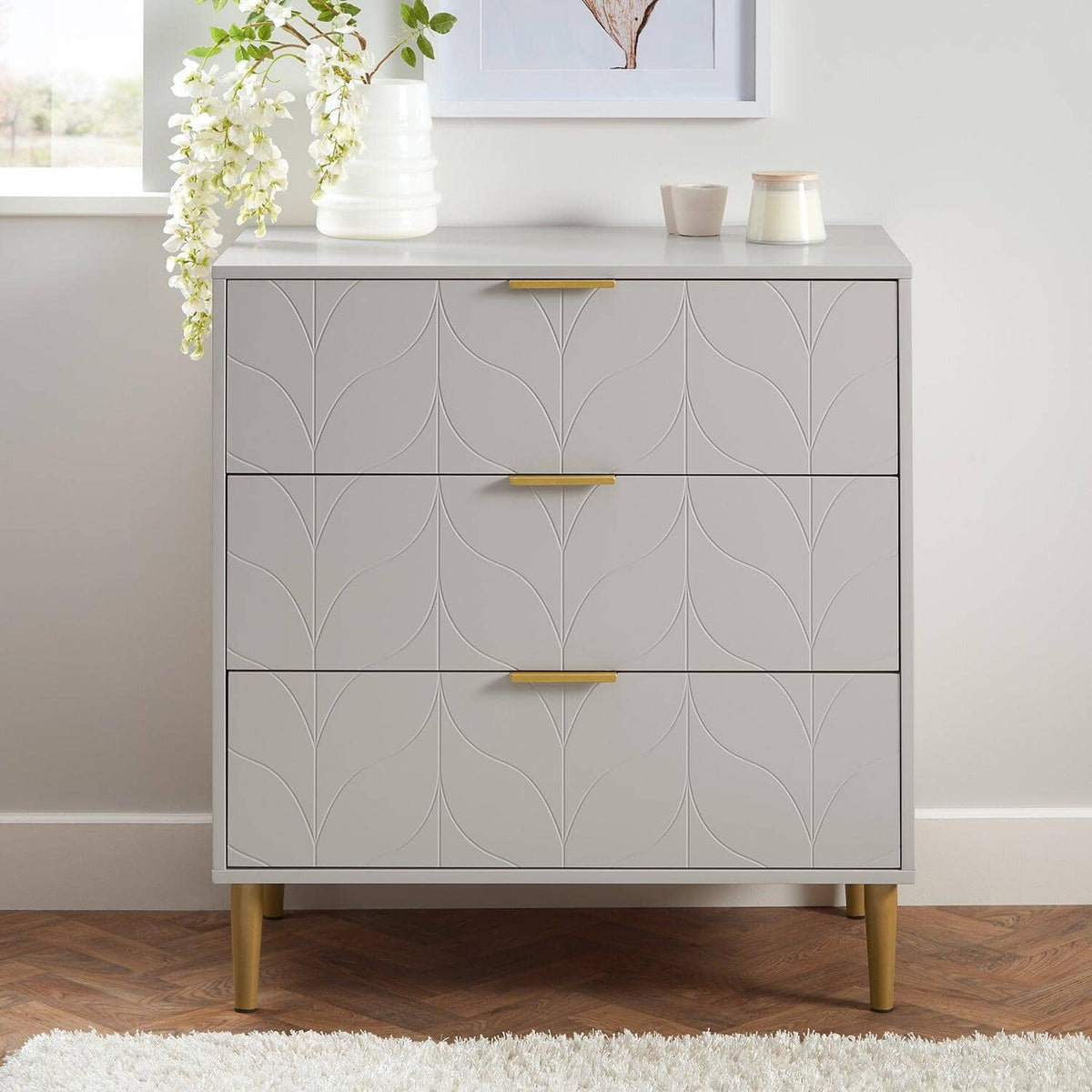 OUTLET - Gloria 3 Drawer Chest of Drawers - Grey & Brass Effect