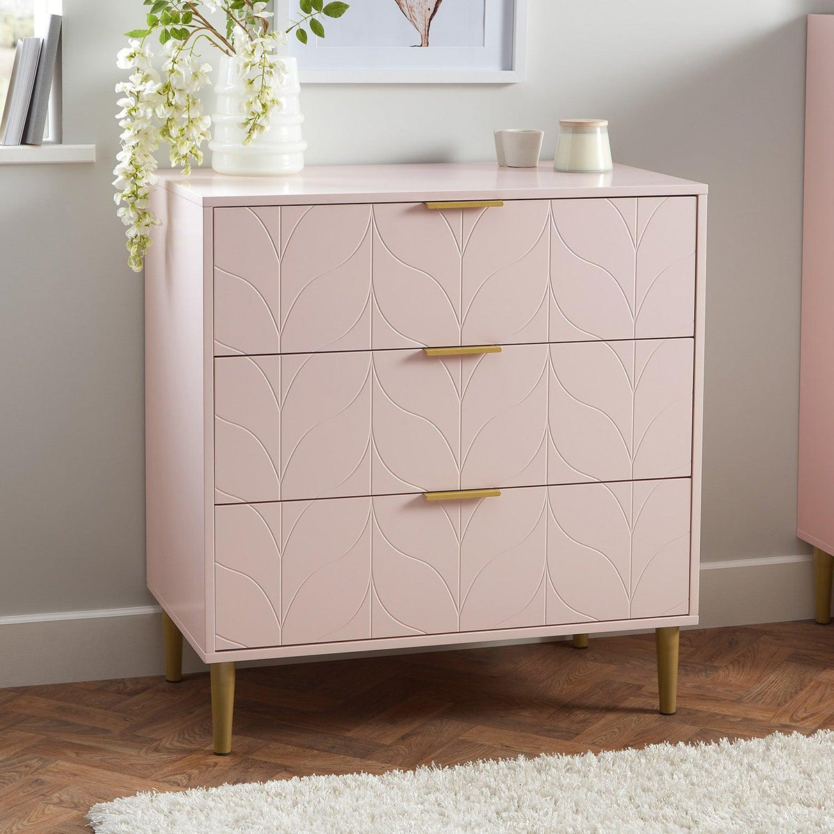 OUTLET - Gloria 3 Drawer Chest of Drawers - Blush Pink & Brass Effect