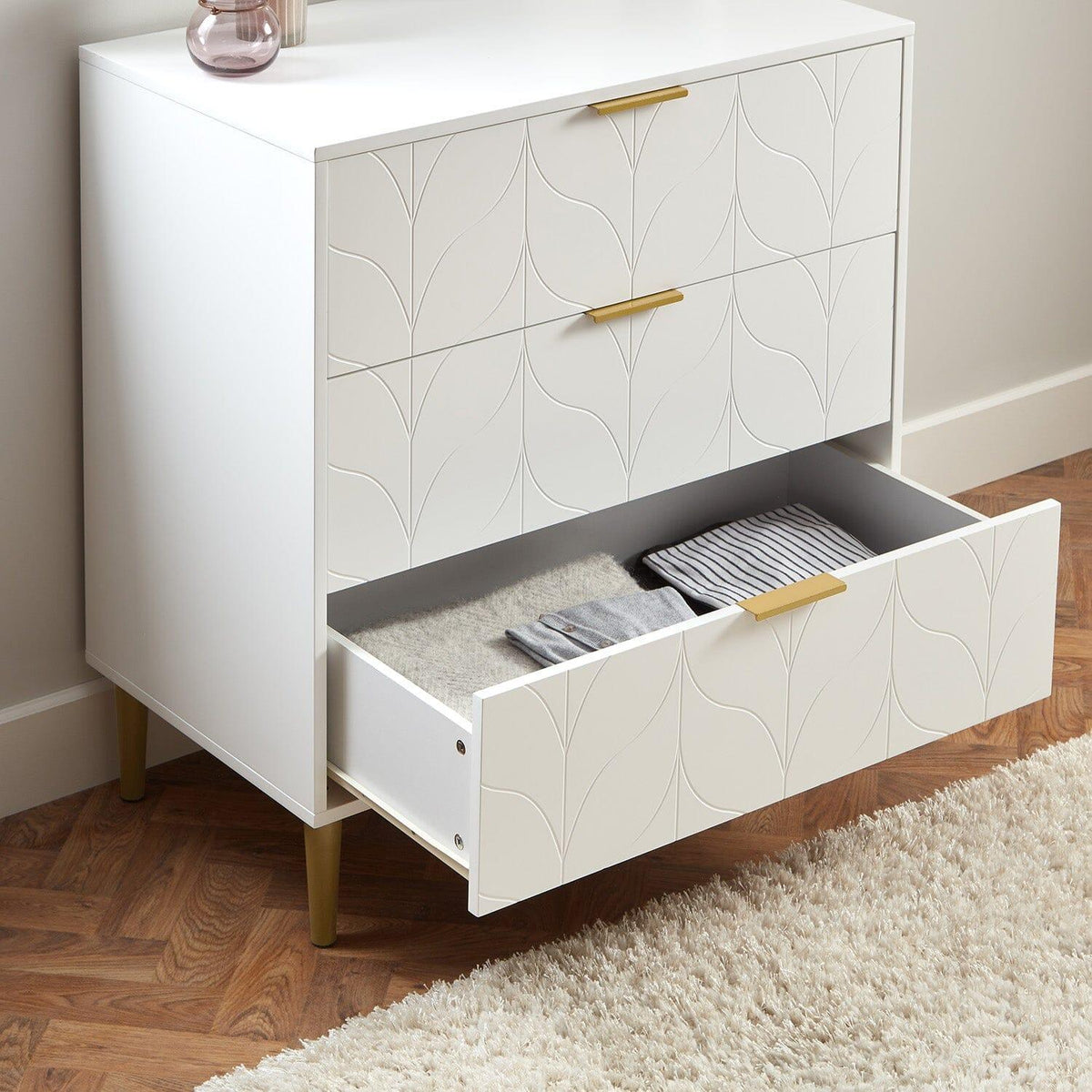 Outlet - Gloria Chest of Drawers - White & Brass Effect