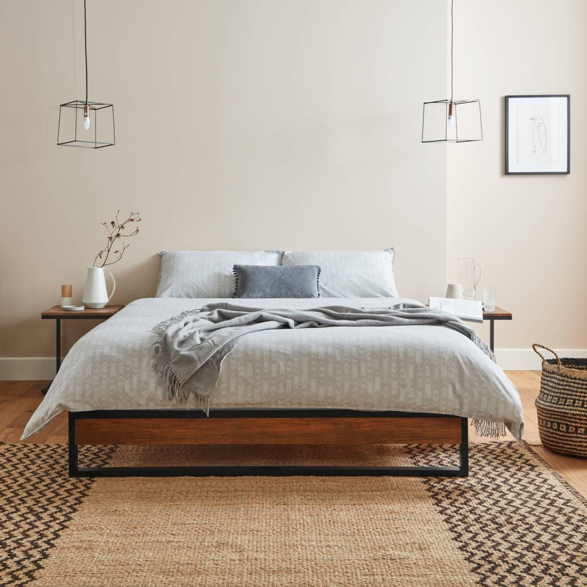 OUTLET - Heeley Double Platform Bed - Black Metal & Wood Effect