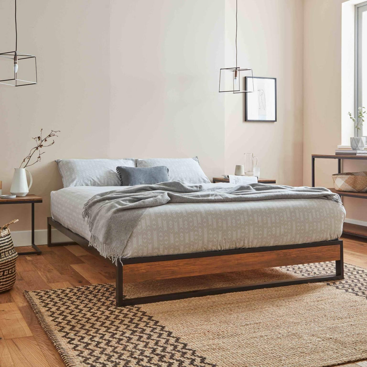 OUTLET - Heeley King Size Platform Bed - Black Metal & Wood Effect