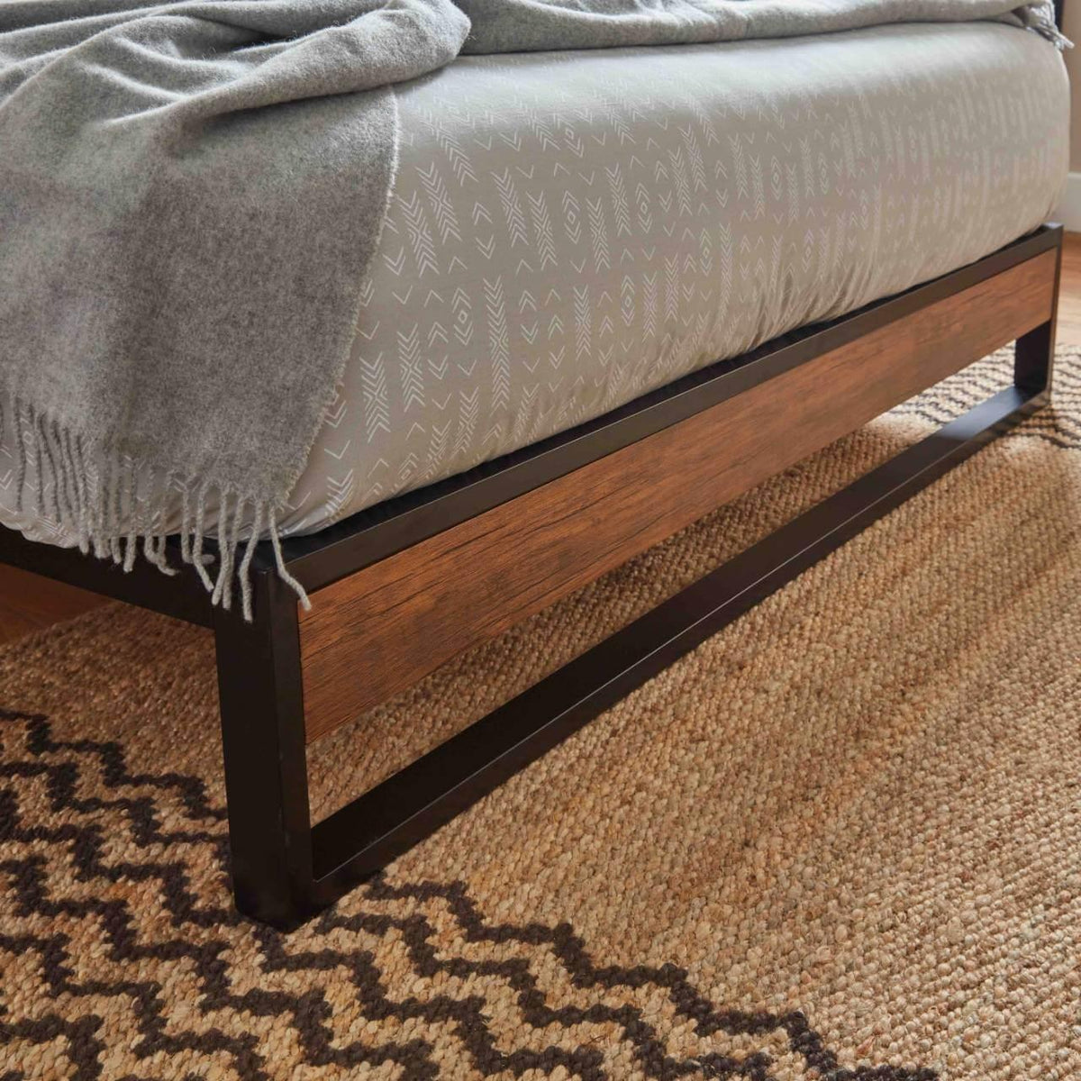 OUTLET - Heeley King Size Platform Bed - Black Metal & Wood Effect