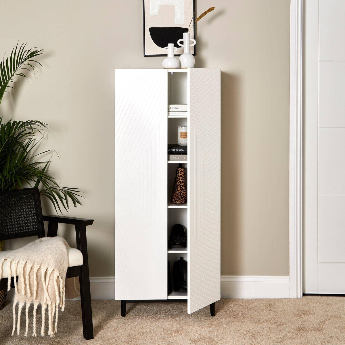 OUTLET - Jack Geometric Large Shoe Cabinet - 2 Door - White