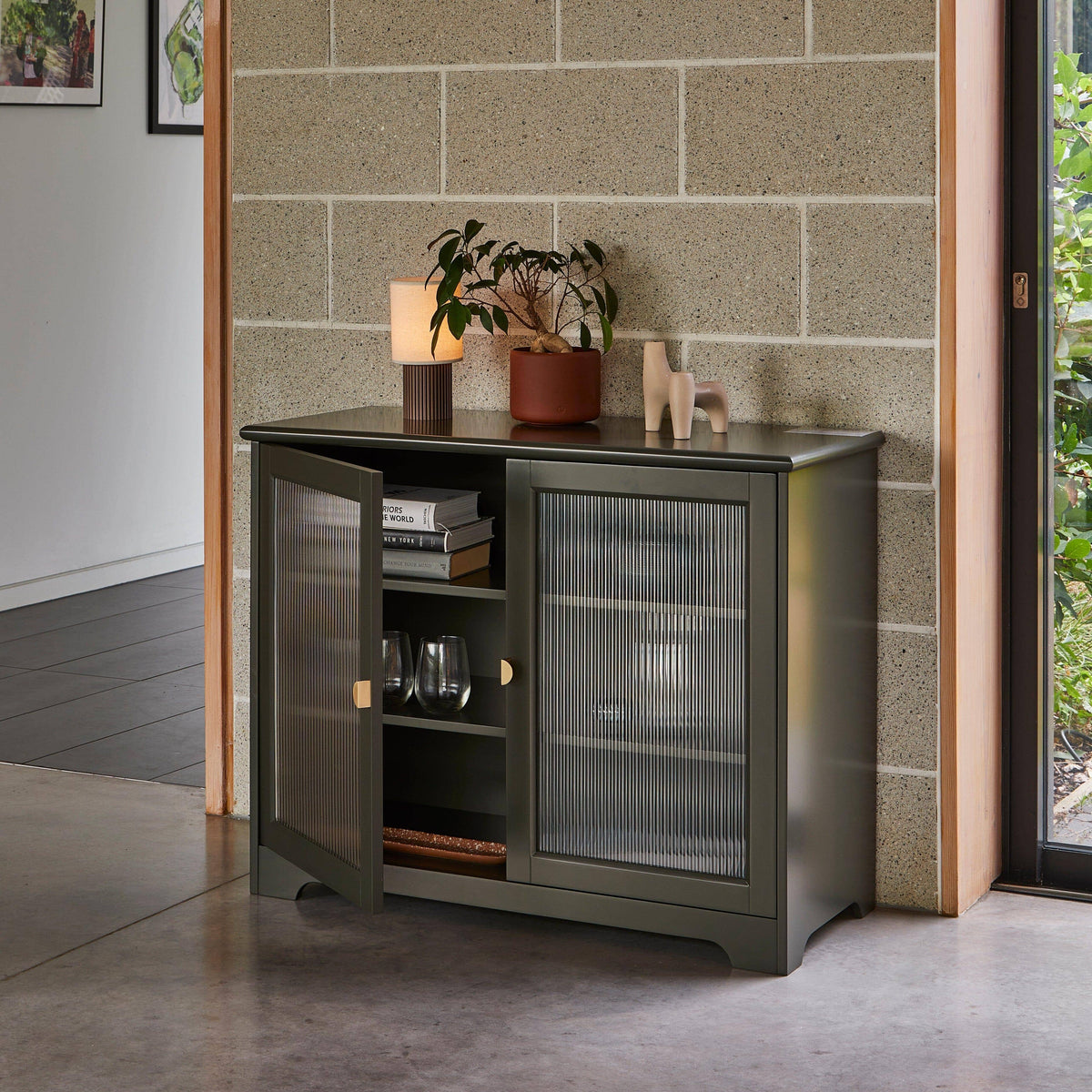 OUTLET - Lua 2 Door Small Sideboard - Fir Green with Glass Door