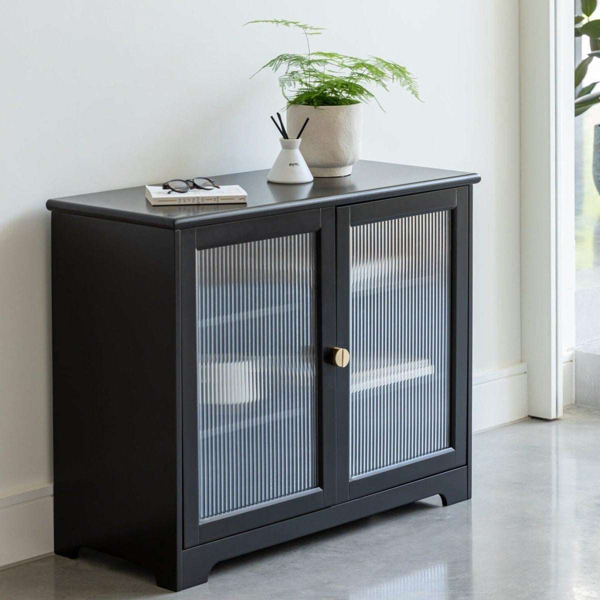 Lua 2 Door Small Sideboard - Noir Black with Glass Door