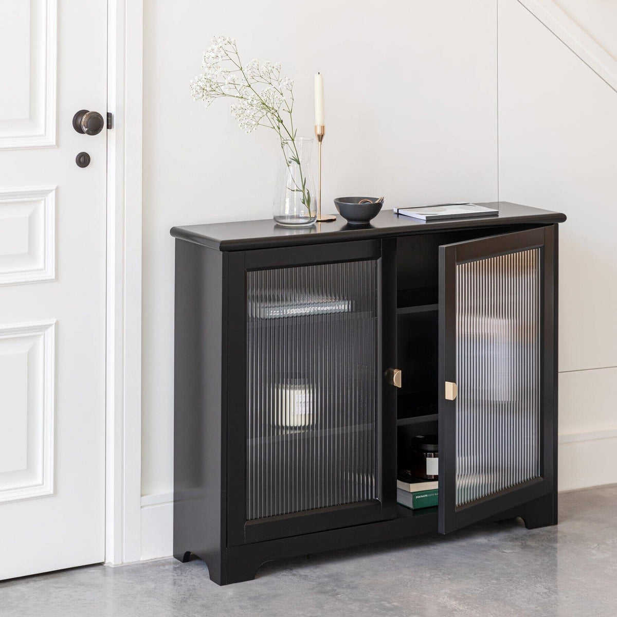 OUTLET - Lua 2 Door Narrow Sideboard - Noir Black with Glass Door