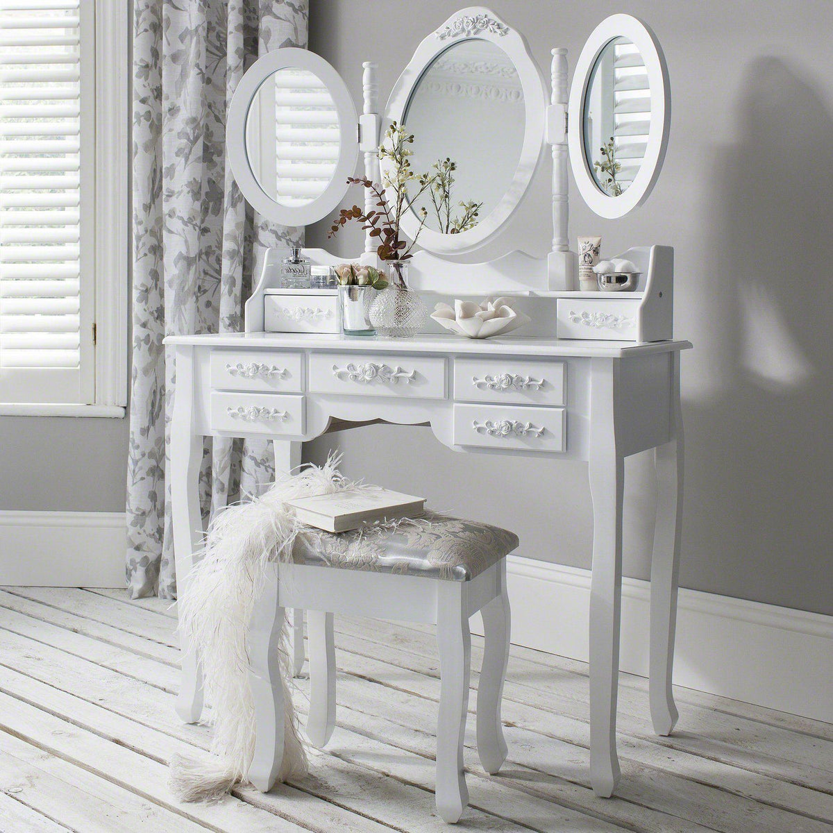 OUTLET - Monaco White Dressing Table with Mirror & Stool