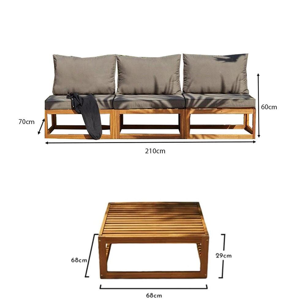 Rowan 3 Seater Wooden Garden Armless Sofa & Coffee Table - Grey