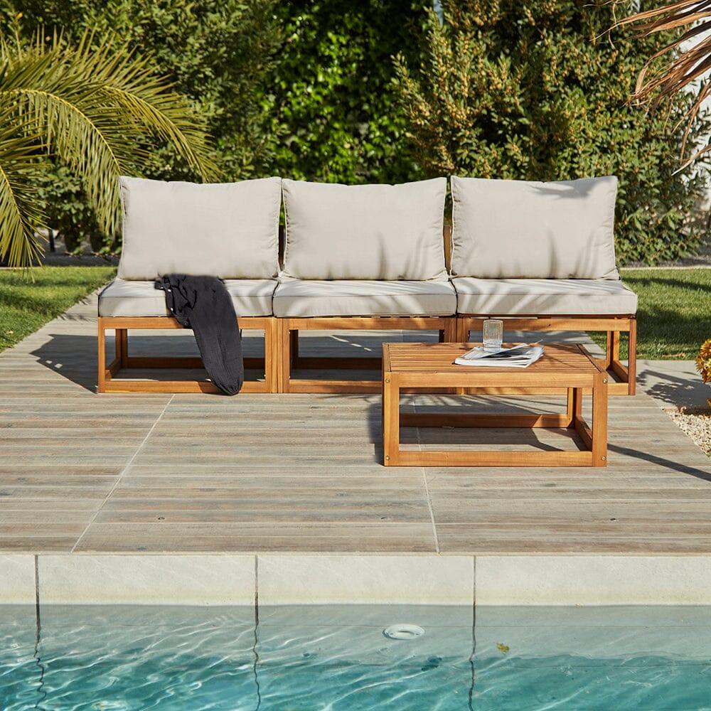Rowan 3 Seater Wooden Garden Armless Sofa & Coffee Table Set - Sand