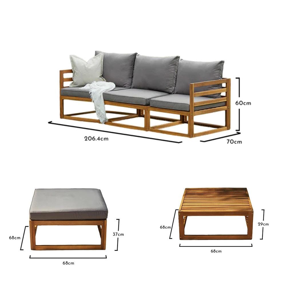 Rowan 3 Seater Wooden Garden Sofa Set with Footstool & Coffee Table - Grey