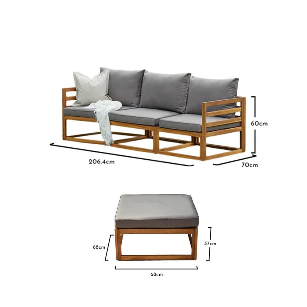 Rowan 3 Seater Wooden Garden Sofa Set with Footstool