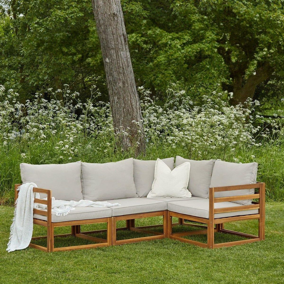 Rowan 4 Seater Wooden Garden Corner Sofa with Arms - Sand