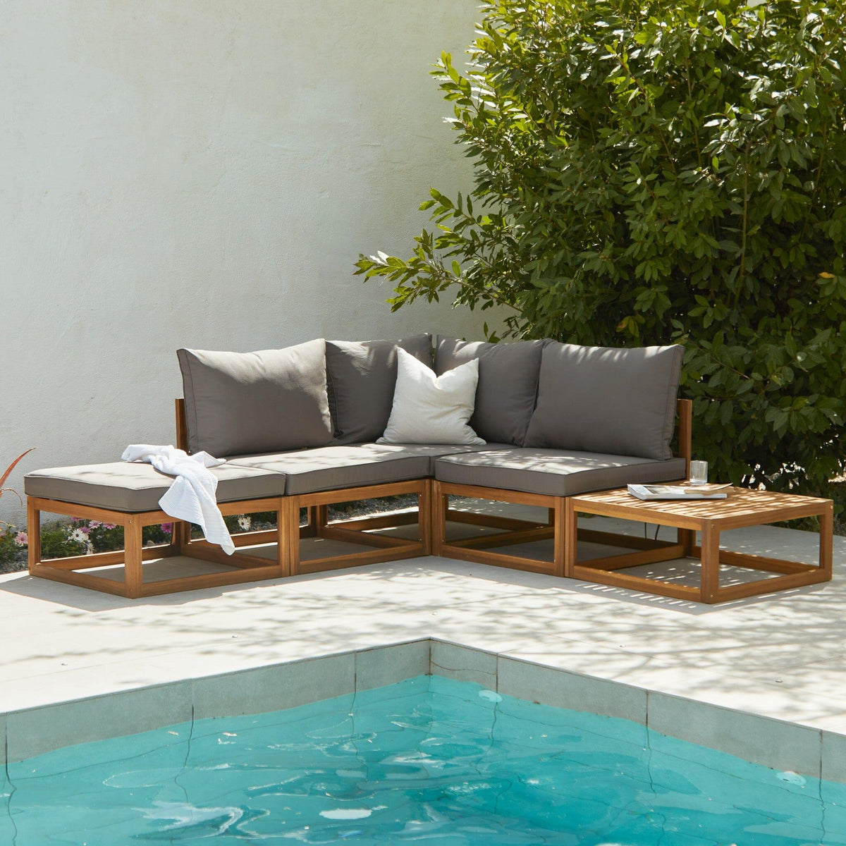 Rowan 4 Seater Wooden Garden Chaise Corner Sofa Set - Grey
