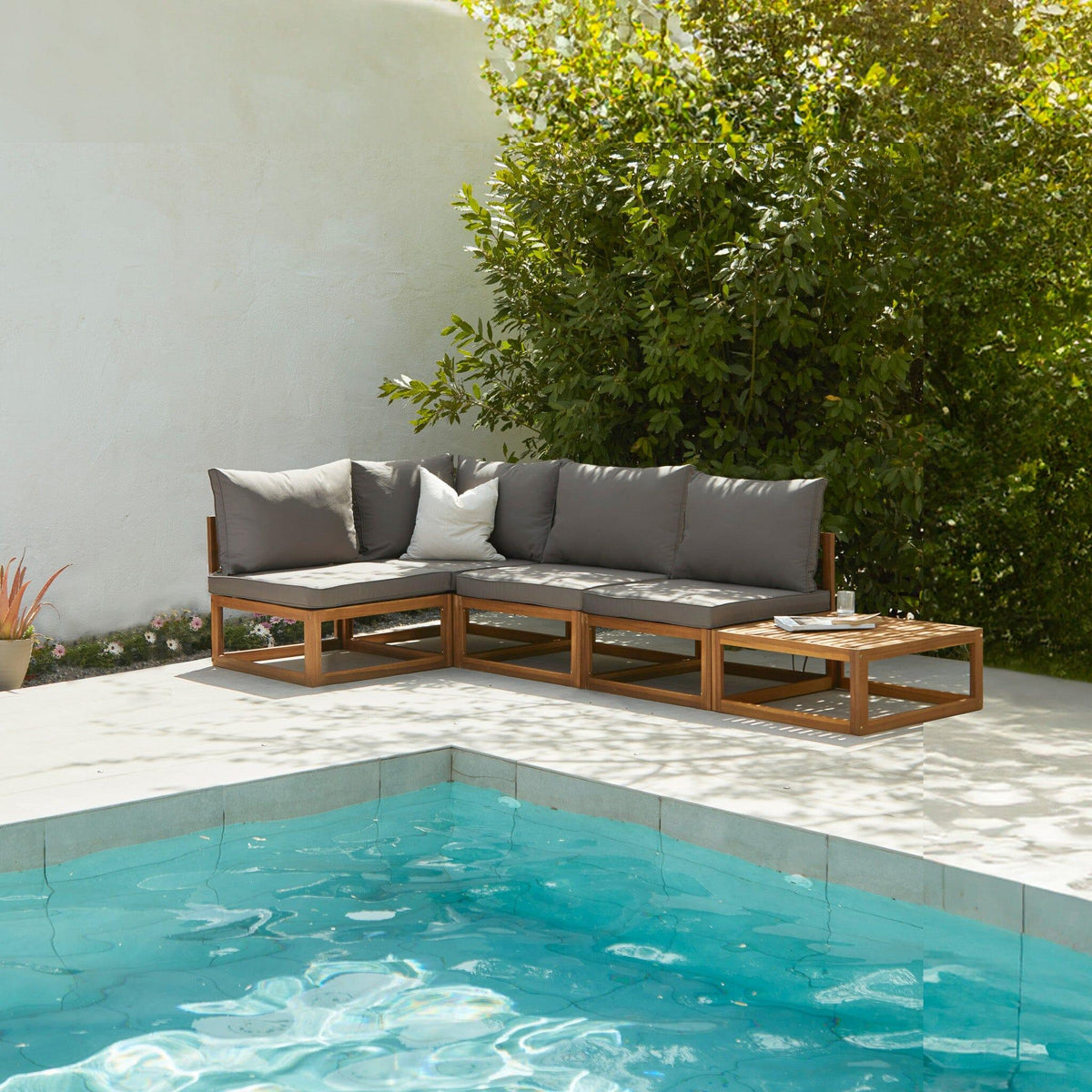 Rowan 4 Seater Wooden Garden Corner Sofa with Coffee Table - Grey
