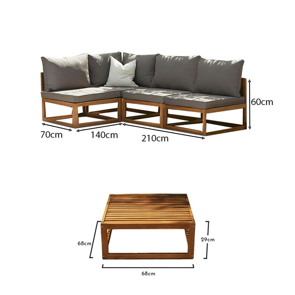 Rowan 4 Seater Wooden Garden Corner Sofa with Coffee Table - Grey