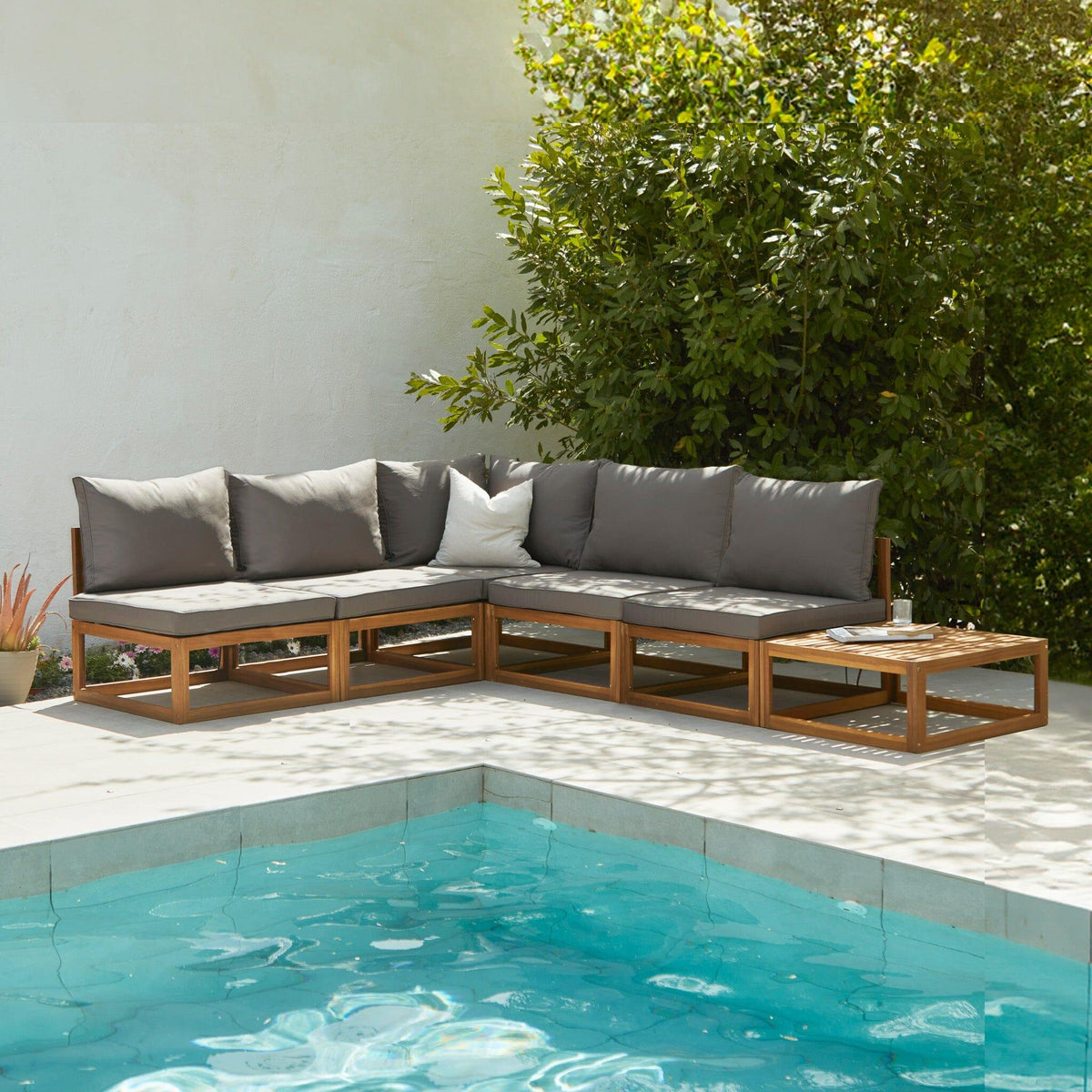 Rowan 5 Seater Wooden Garden Corner Sofa Set with Coffee Table - Grey