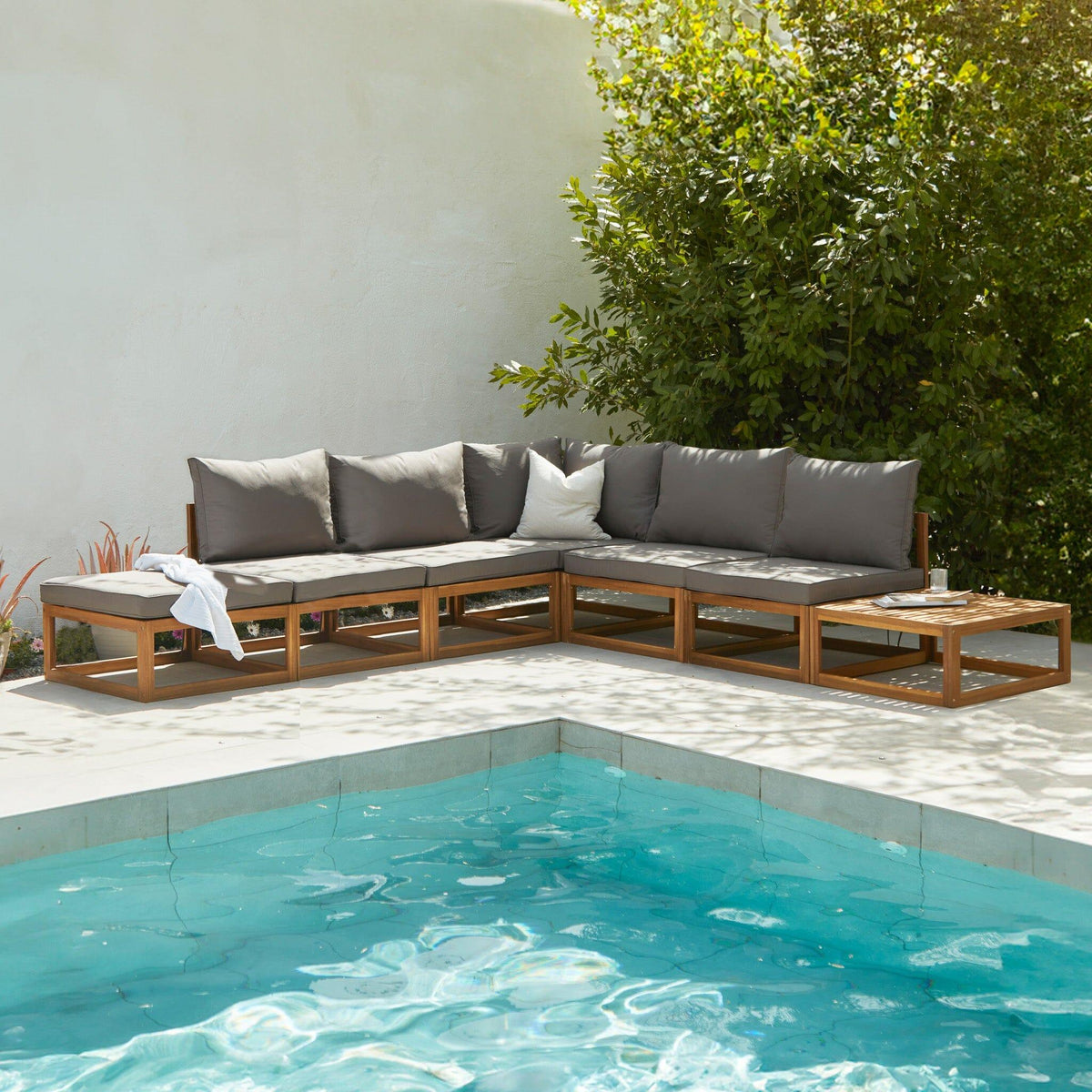 Rowan 6 Seater Wooden Garden Chaise Corner Sofa Set with Coffee Table - Grey