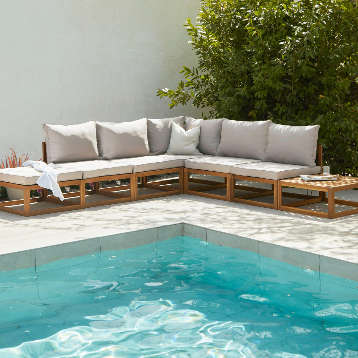 Rowan 6 Seater Wooden Garden Chaise Corner Sofa Set with Coffee Table - Sand