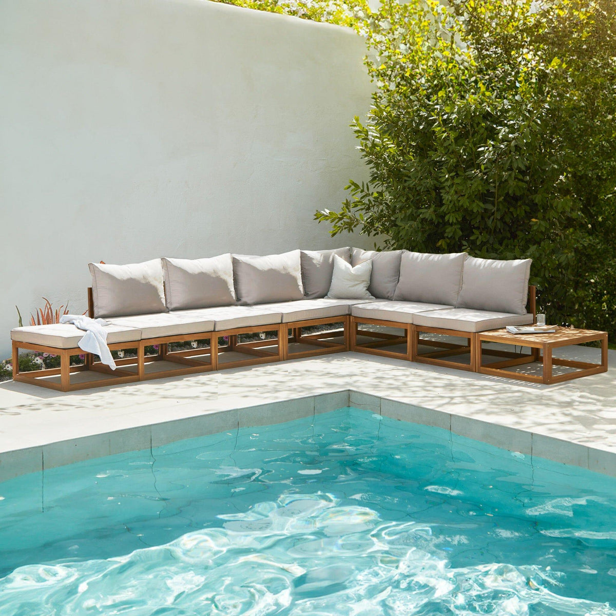 Rowan 7 Seater Wooden Garden Chaise Corner Sofa Set with Coffee Table - Sand