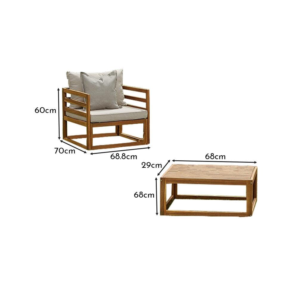 Rowan 2 Wooden Garden Armchairs & Coffee Table - Sand