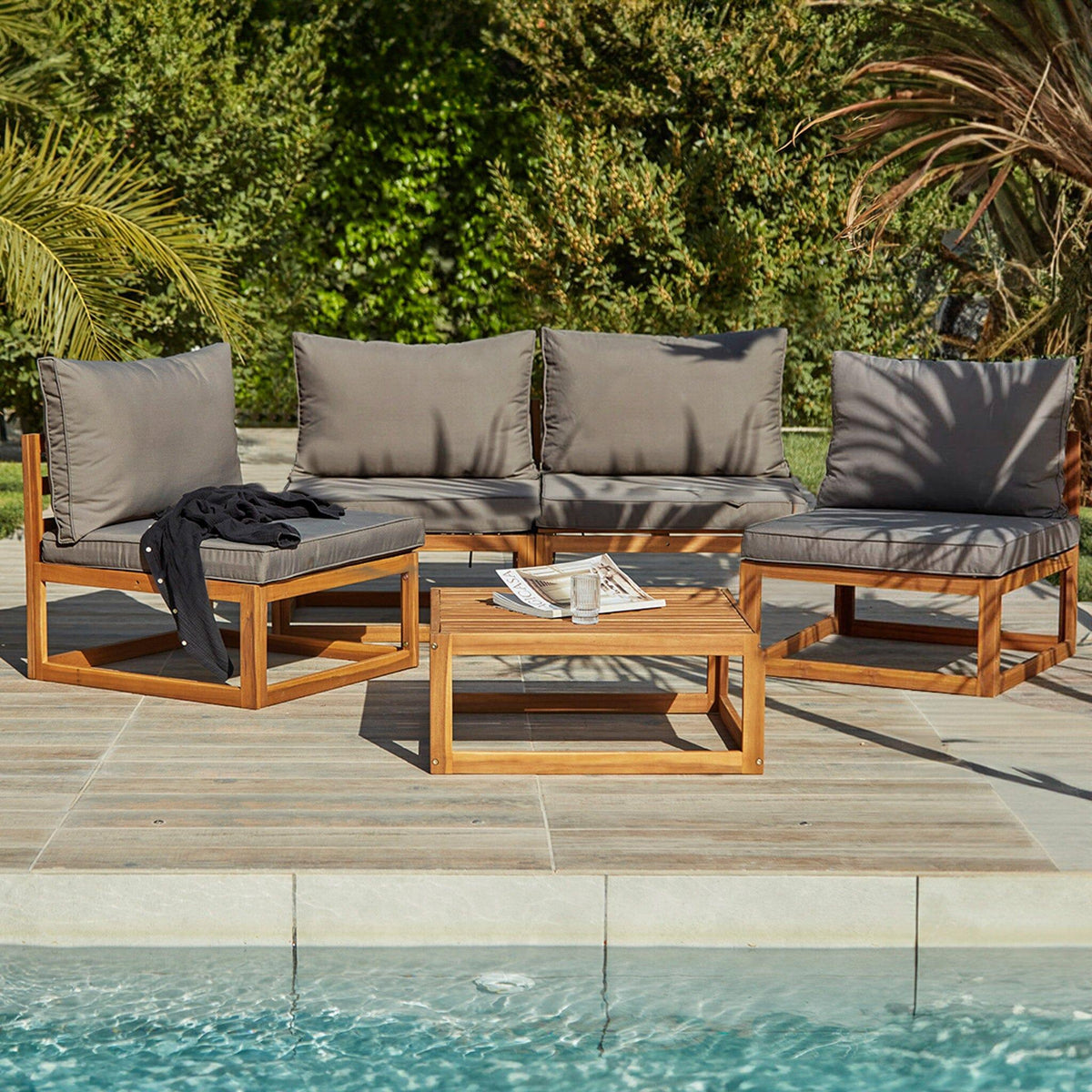 Rowan Wooden Garden Set with 2 Seater Sofa - 2 Chairs with Coffee Table - Grey