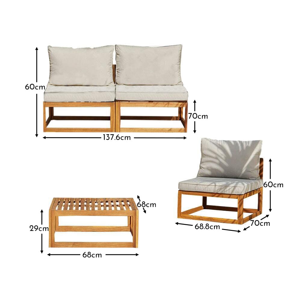 Rowan Wooden Garden Armchair with 2-Seater Sofa & Coffee Table Set - sand