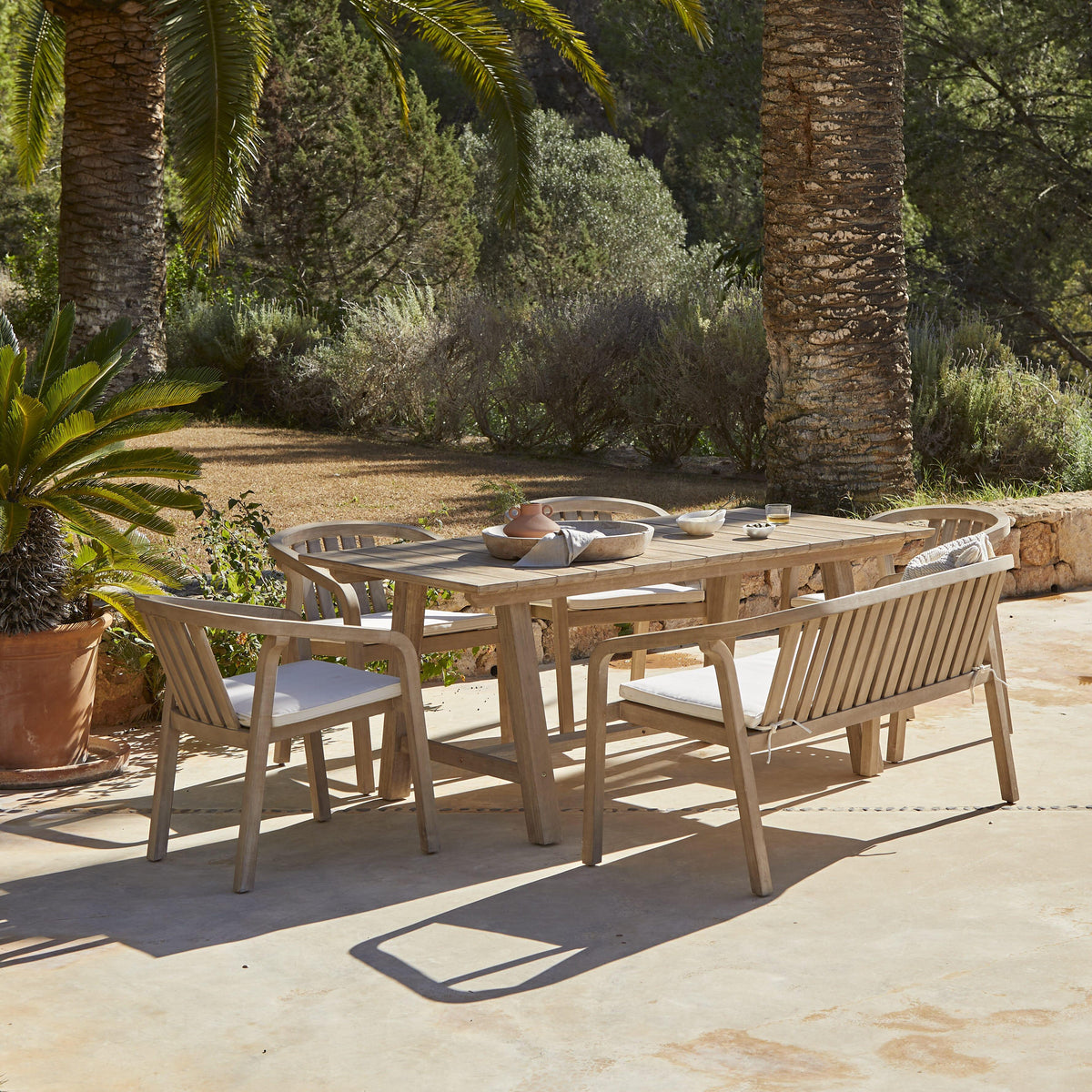 Shiro 6 Seater Wooden Rectangular Garden Dining Table Set with 4 Shiro Chairs & 1 Bench
