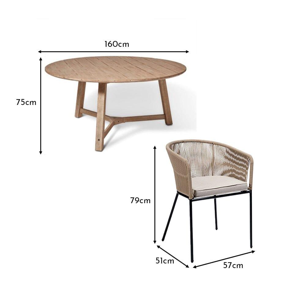 Shiro 6 Seater Wooden Round Dining Table with 6 Hali Natural Rope Chairs