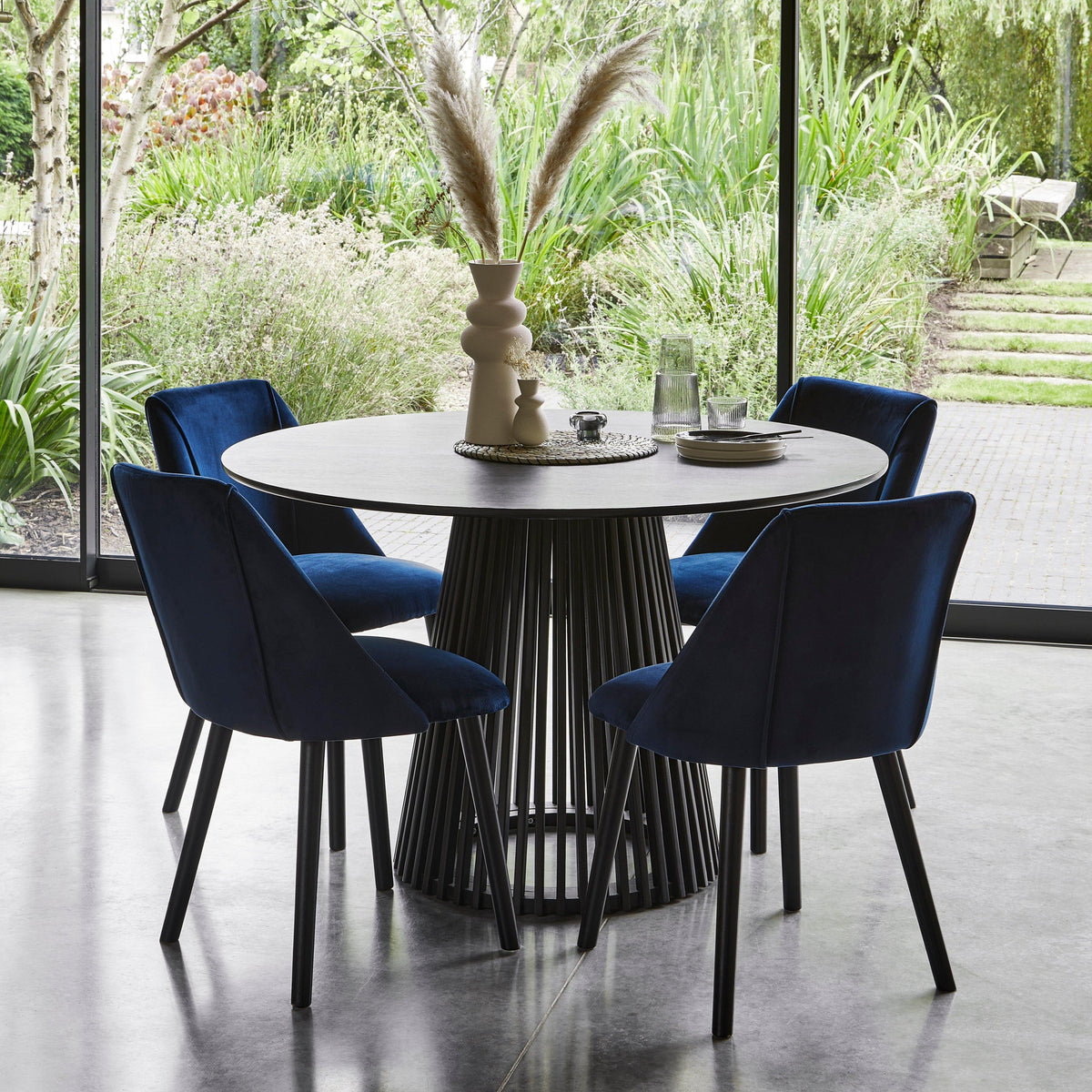 Willow Black Dining Table Set - 4 Seater - Freya Blue Dining Chairs - Black Oak Legs