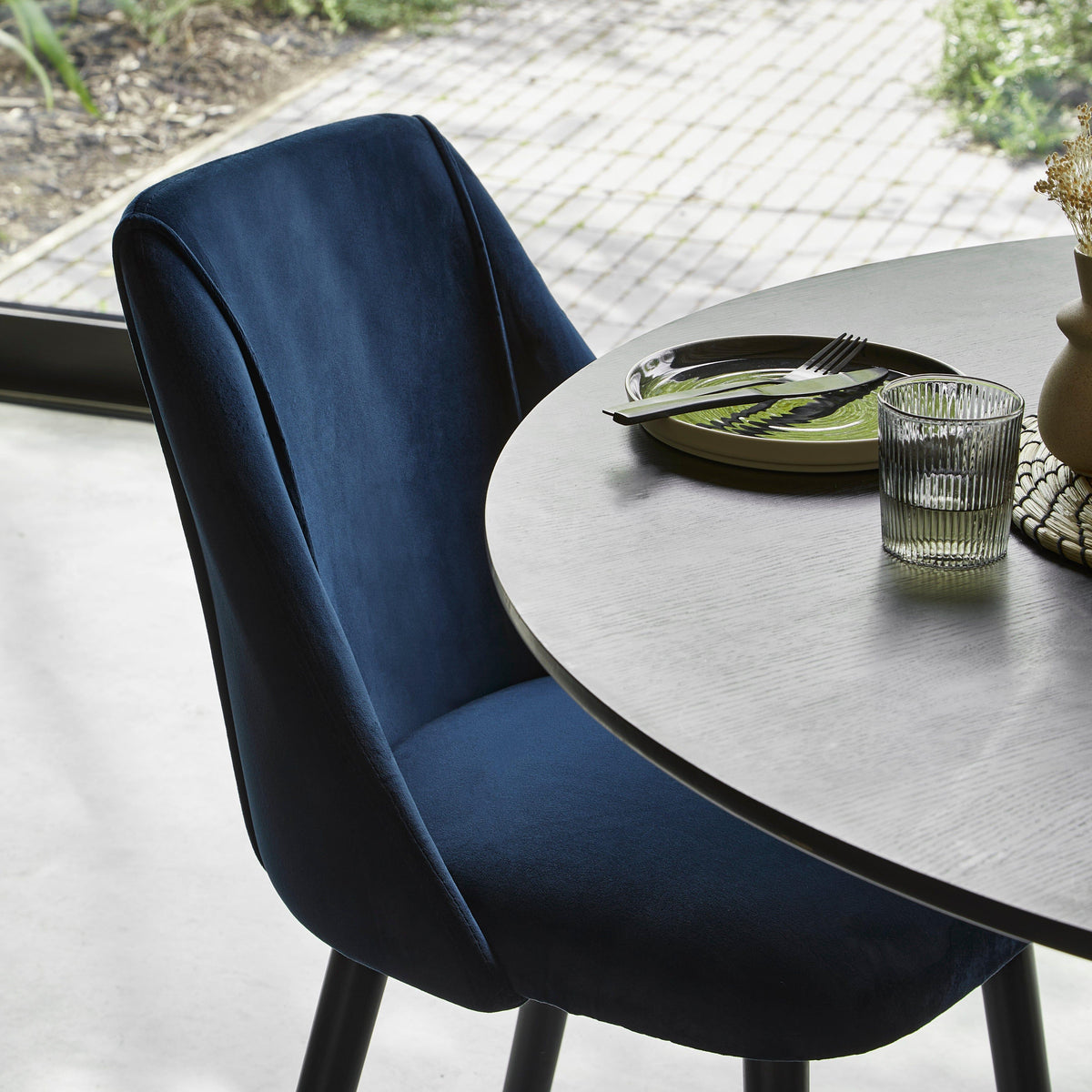 Willow Black Dining Table Set - 4 Seater - Freya Blue Dining Chairs - Black Oak Legs