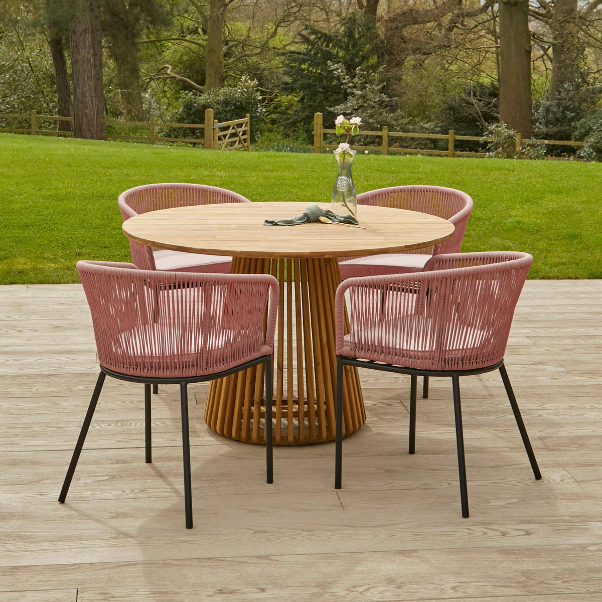 Willow 4 Seater Round Wooden Garden Dining Set - Hali Pink Chairs