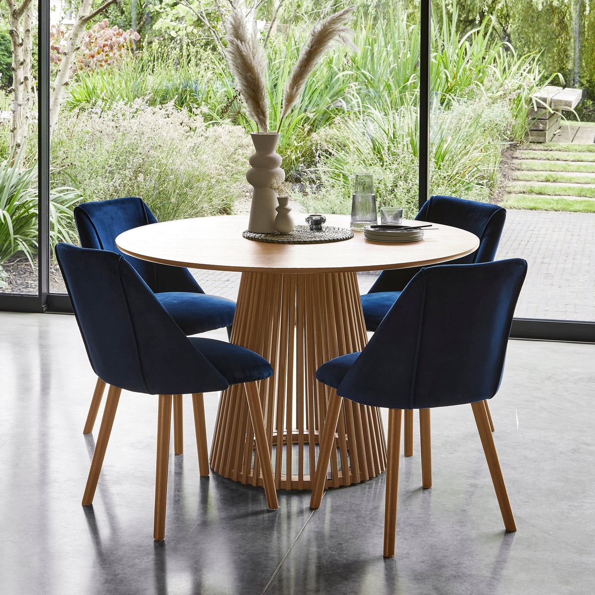 Willow Pale Oak Dining Table Set - 4 Seater - Freya Blue Dining Chairs - Whitewash Legs