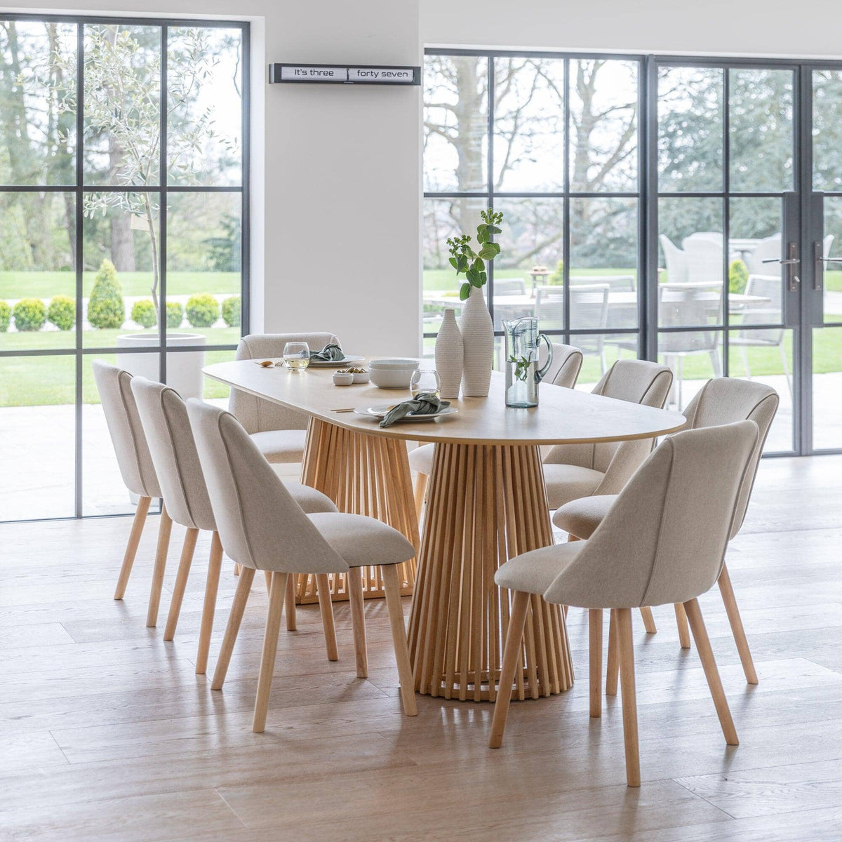 Willow Pale Oak Dining Table Set - 8 Seater - Freya Sand Dining Chairs - Whitewash Legs