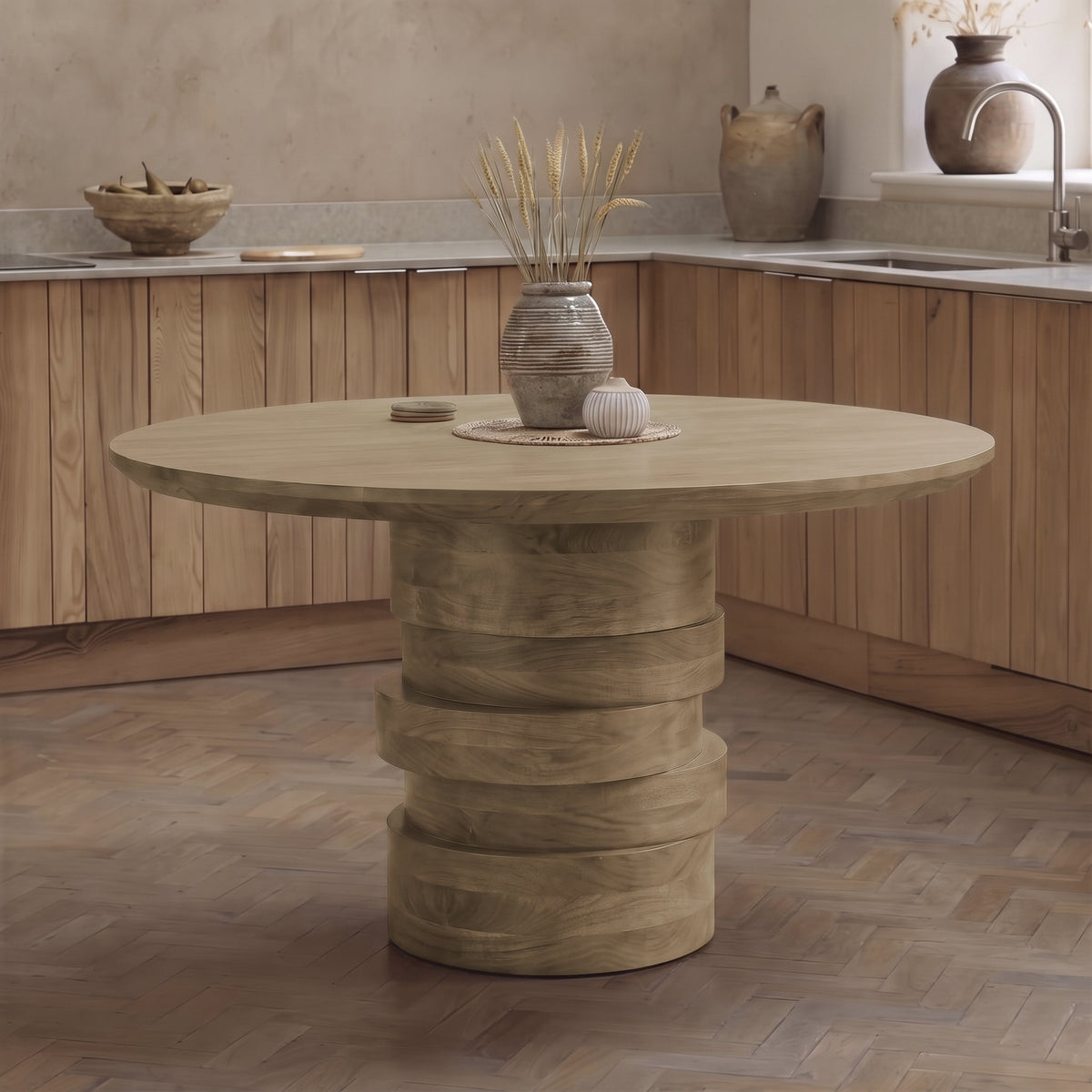 Adam Almond Brown Round Dining Table Set - 4 Seater - Marilyn Moss Green Dining Chairs - Almond Brown Legs