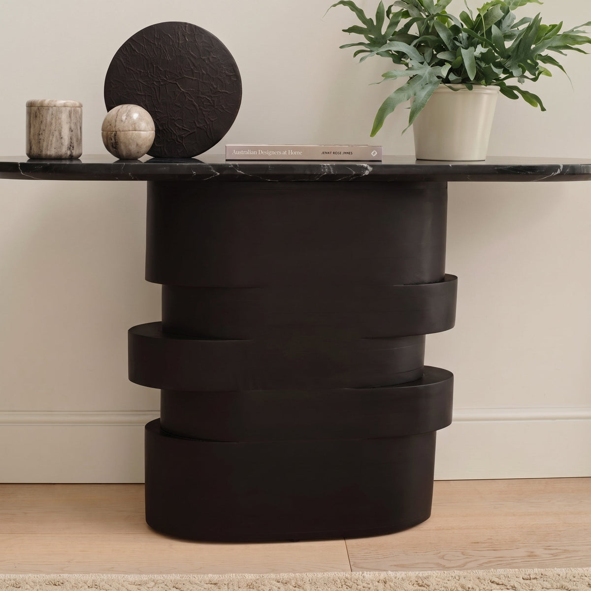 Adam 140cm Jet Black Mango Wood & Black Marble Oval Console Table