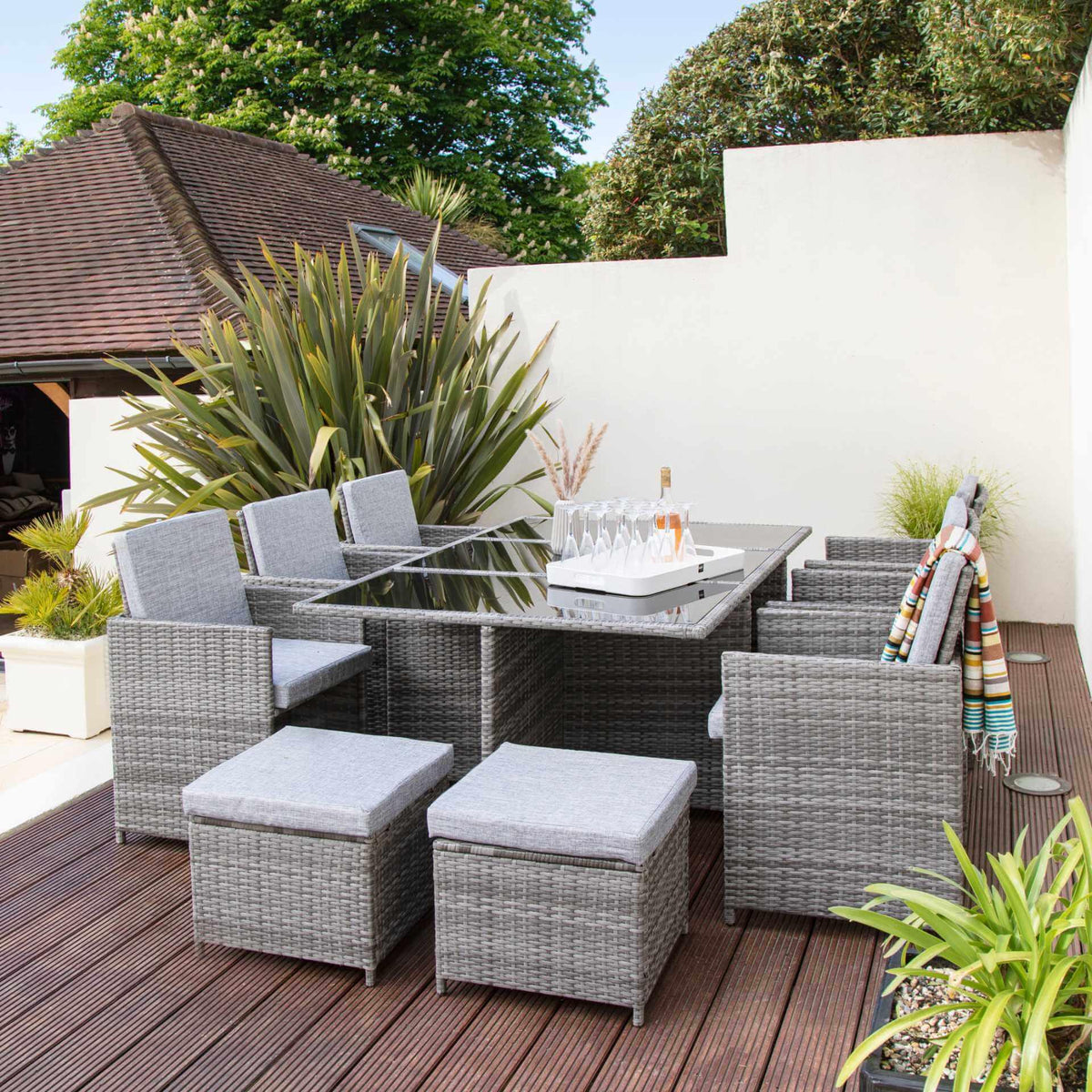 Cube 10 Seater Rattan Outdoor Dining Set - Grey Weave