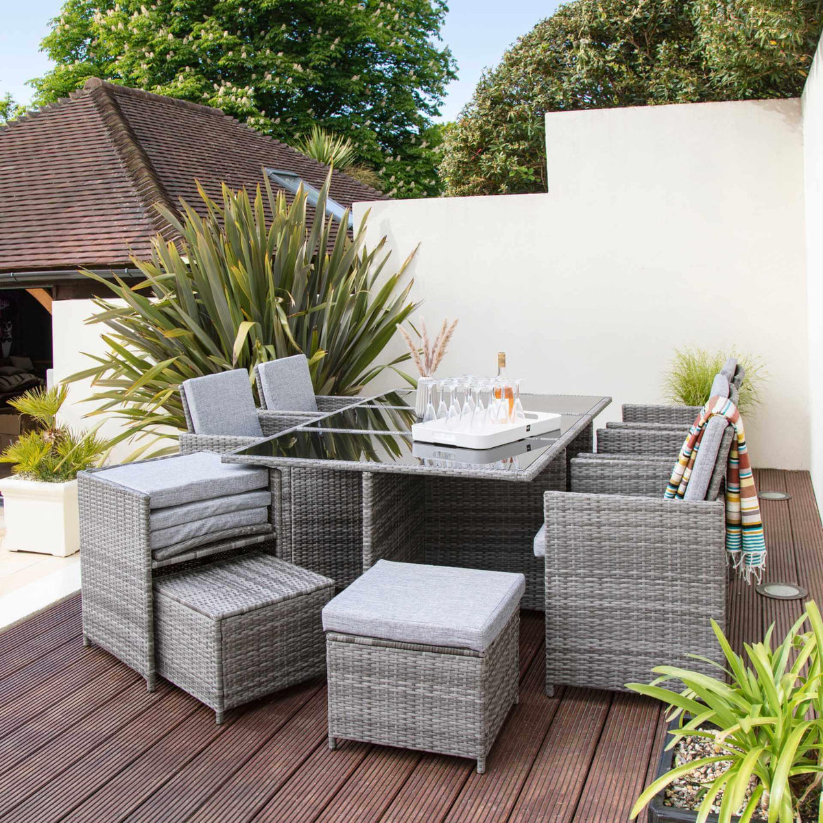 Cube 10 Seater Rattan Outdoor Dining Set - Grey Weave