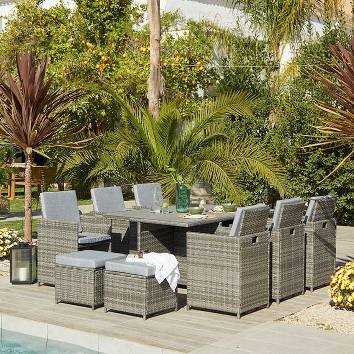 Cube 10 Seater Rattan Outdoor Dining Set - Grey Weave Polywood Top