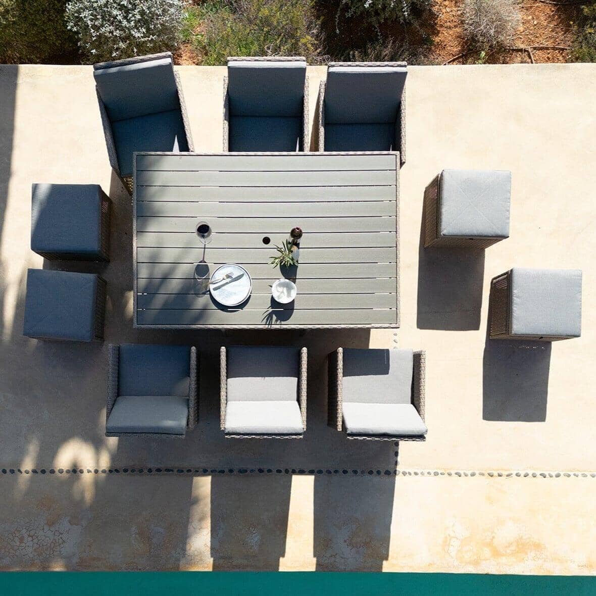 Cube 10 Seater Rattan Outdoor Dining Set - Natural Brown Weave Polywood Top