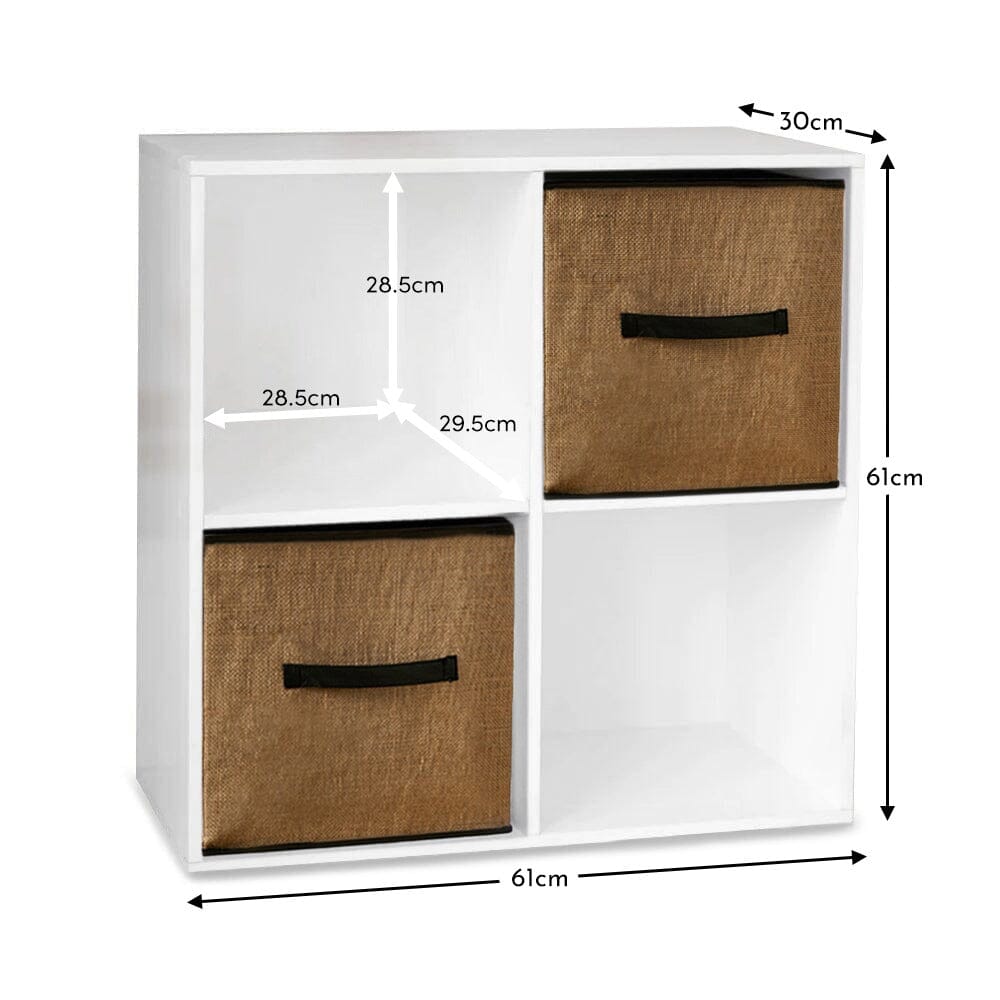 Cara 4 Cube Chalk White Bookcase Wooden Display Unit Shelving Storage Bookshelf Shelves - Jute Basket