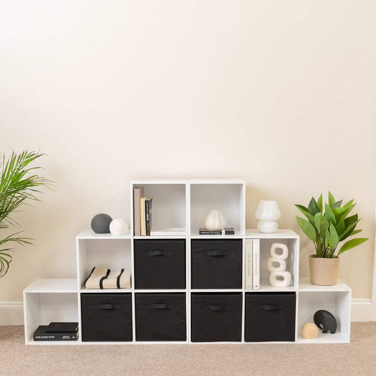 Cara 12 Cube Bookcase Ladder Storage Unit - Chalk White - Two 6 Cube Units - Black Basket
