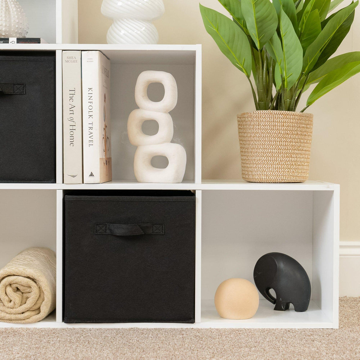 Cara 12 Cube Bookcase Ladder Storage Unit - Chalk White - Two 6 Cube Units - Black Basket