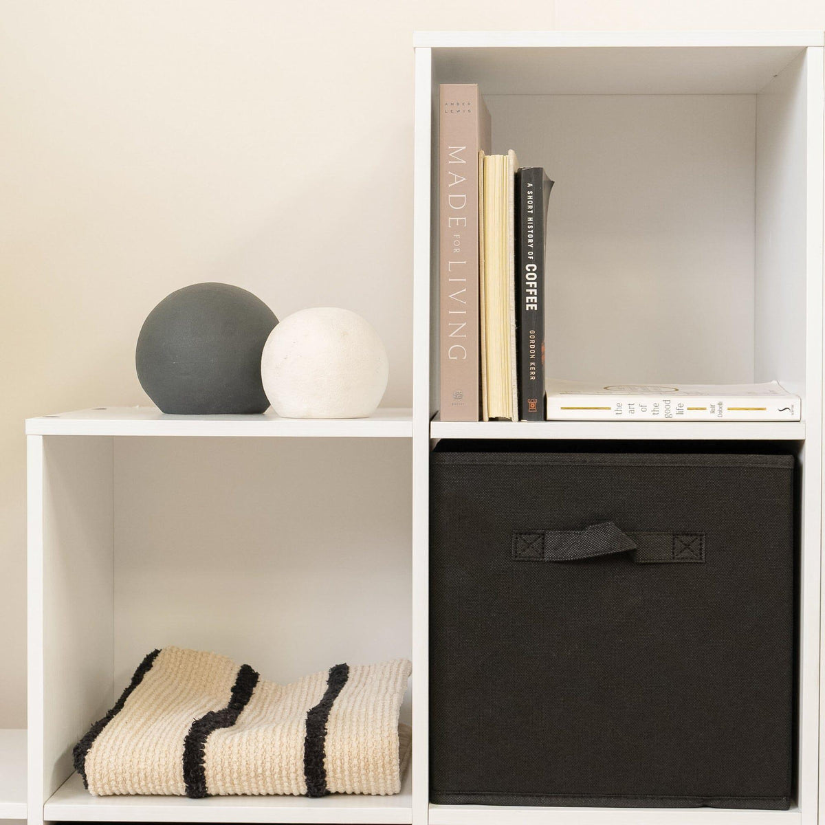 Cara 12 Cube Bookcase Ladder Storage Unit - Chalk White - Two 6 Cube Units - Black Basket