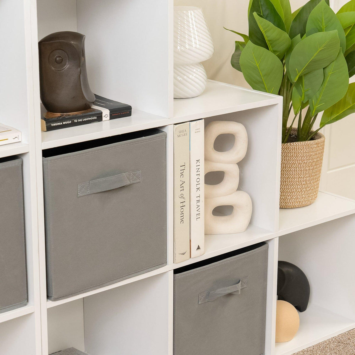 Cara 12 Cube Bookcase Ladder Storage Unit - Chalk White - Two 6 Cube Units - Grey Basket