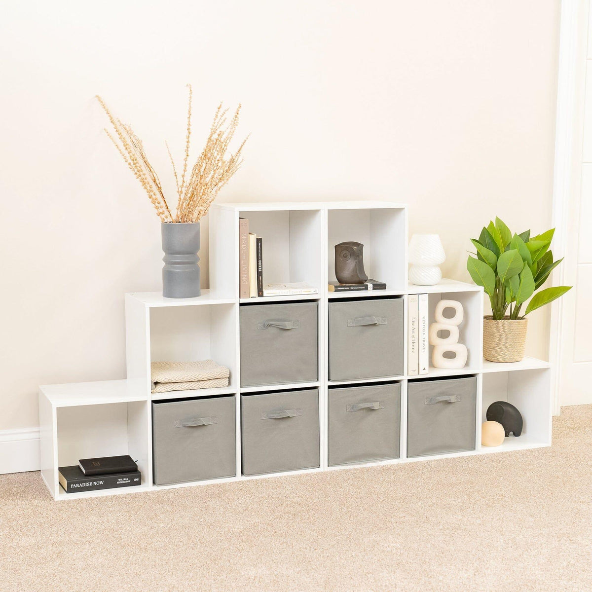 Cara 12 Cube Bookcase Ladder Storage Unit - Chalk White - Two 6 Cube Units - Grey Basket