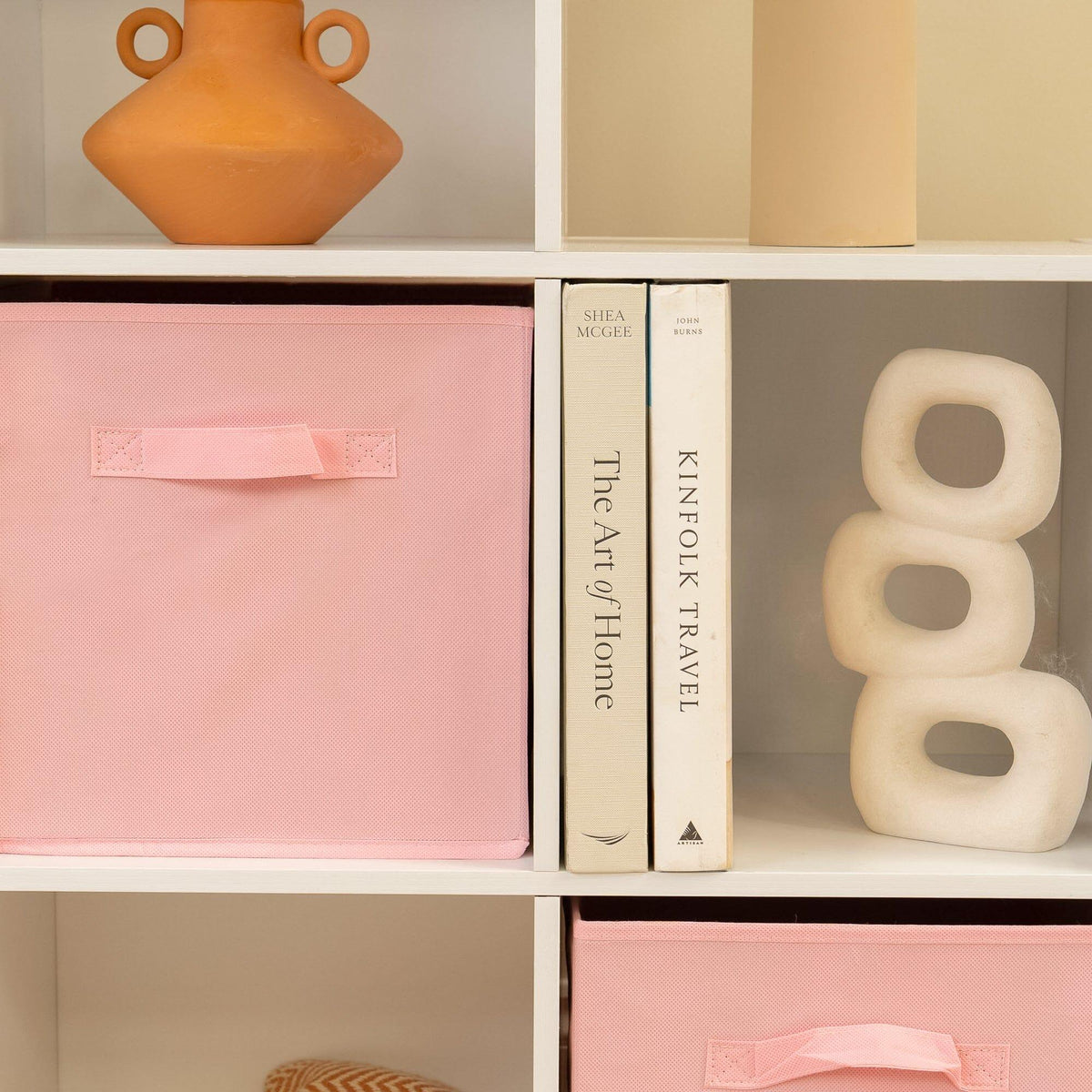 Cara 12 Cube Bookcase Ladder Storage Unit - Chalk White - Two 6 Cube Units - Pink Basket