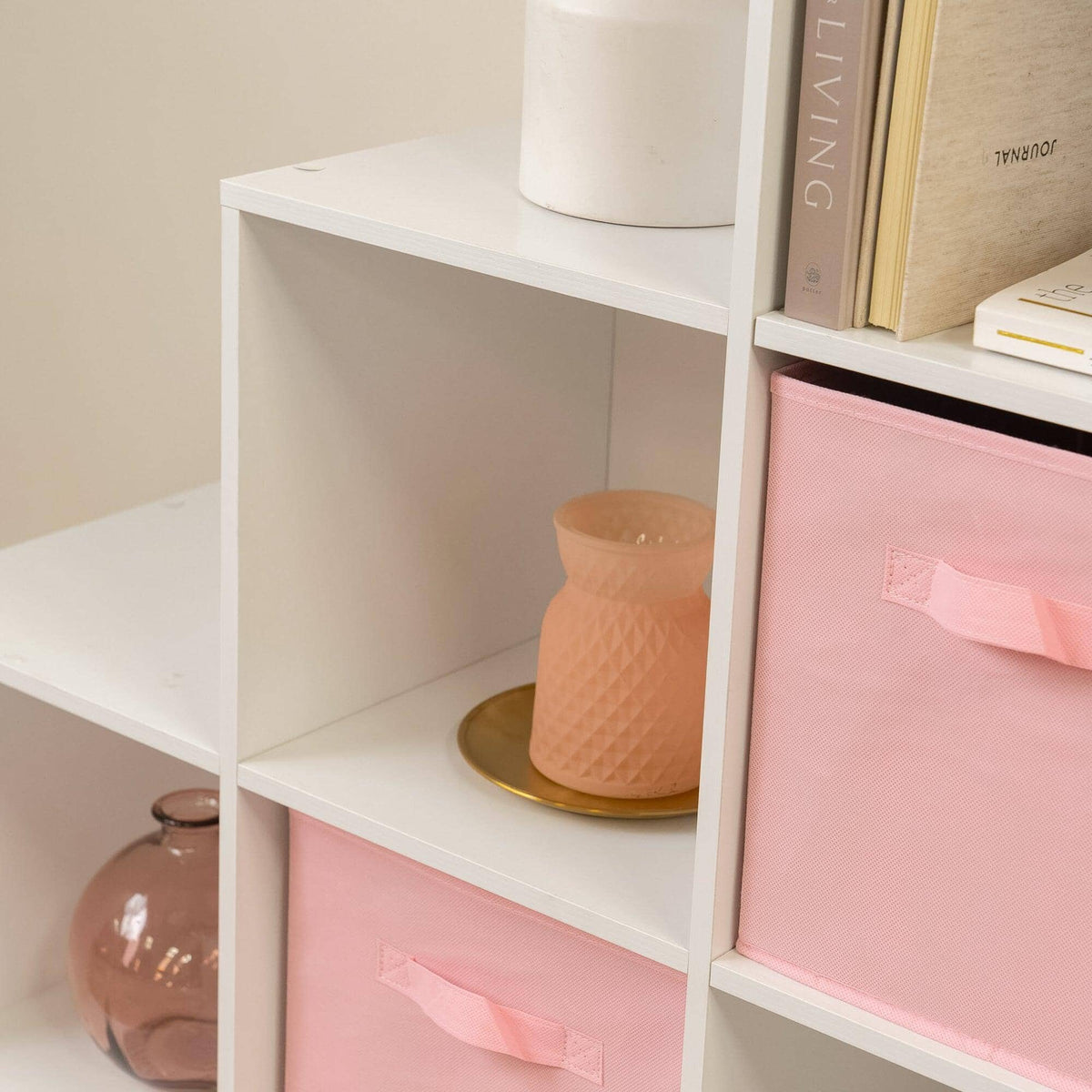 Cara 12 Cube Bookcase Ladder Storage Unit - Chalk White - Two 6 Cube Units - Pink Basket